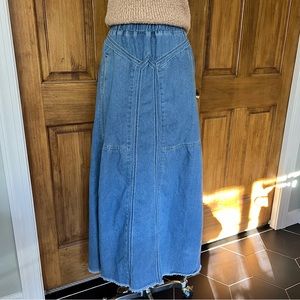 Women's blue denim jean a-line extra long frayed hem maxi skirt